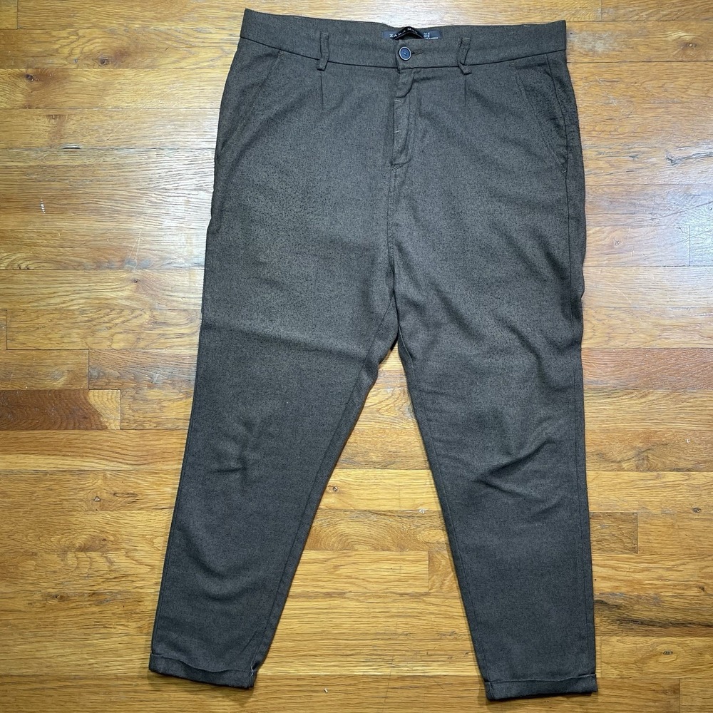 Zara Men's Carrot Fit Trouser Pants Brown Size 32 Drop Crotch Cropped